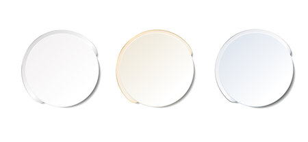 A set of round vector buttons on a white background with space for copy. Beautiful illustrated stickers, gold, silver, gray with highlights and gradientのイラスト素材
