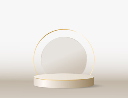 Abstract white 3D room with realistic white cylindrical podium. Light background with a podium and a golden circle. A minimal stage for product demonstration. Vector geometric platform. Stage for demonstration.のイラスト素材