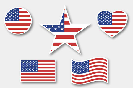 A set of graphic elements, US flags, a heart, a star, a circle on a gray background. The icons are illustrated. Memorial Day, Memorial Day, Americas Independence Day. Flag of the United States of Americaのイラスト素材