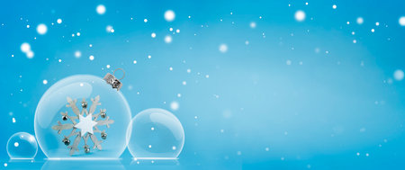 Christmas glass balls on a blue background with space for a copy. Beautiful holiday banner with...