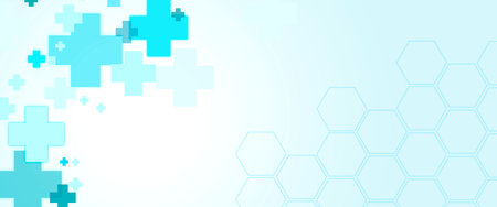 Medical illustration with molecular formula, space for copy. Banner with medical infographics, crosses, polygons on a light background with a gradient. Abstract background of healthcare.の写真素材