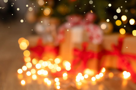 Abstract Christmas background with space for copy, blurred lights. Festive bright, beautiful background with New Year's magic highlights. Abstract photography, defocus background, blurred lightsの写真素材