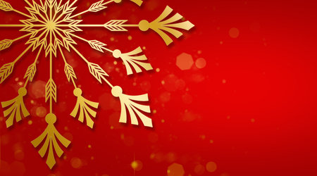 Christmas card with a golden big snowflake on a red background and highlights. Beautiful Christmas banner with copy space Golden blizzards and blurry lights on a red background.の写真素材