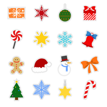 Christmas elements for stickers and stickers, decoration, decor on a white background. Illustration with festive elements, snowflakes, snowman, sweet sweets, Christmas tree, bell, ginger cookie.のイラスト素材
