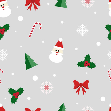Vector illustration with Christmas elements on a gray background. Beautiful pattern, paper, repeating pattern, red bows, santa, Christmas tree, white snowflakes. The concept of Christmas and New Yearのイラスト素材