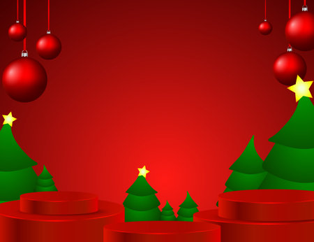 Beautiful Christmas vector illustration, green firs, 3D red catwalks. Bright festive background with space for copy, postcard, screensaver. Christmas and New Year conceptのイラスト素材