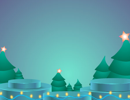 Winter illustration with Christmas garlands, 3D pedestal for displaying goods. Beautiful vector illustration with space for a copy, green Christmas trees, stars on the top of a treeのイラスト素材