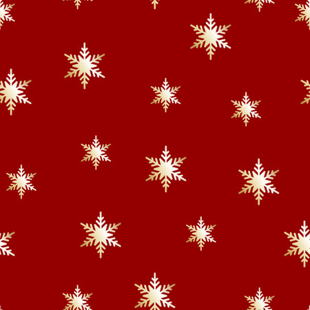 Christmas pattern, golden snowflakes on a red background. Repetitive pattern, decor, print, packaging, paper, beautiful background. Christmas vector illustration, postcard, copy spaceのイラスト素材