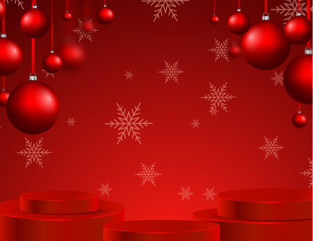 Christmas background with realistic figures, a red podium strewn with snowflakes. Red 3D pedestals to showcase goods and products. Realistic vector red Christmas illustrationのイラスト素材