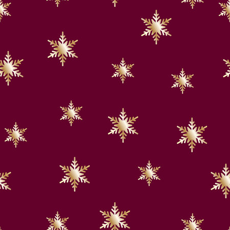 Golden snowflakes on a purple background with space for a copy. Decorative background, vector illustration with repeating pattern, paper, print, packaging, Christmas patternのイラスト素材