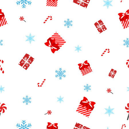 A pattern with Christmas gifts and snowflakes on a white background. Festive recurring pattern with red gift boxes and blue snowflakesのイラスト素材