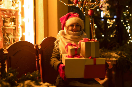 A girl sits on a bench with gifts in her hands in front of a shop window. A happy woman sits on the street in the evening on Christmas Eve with gifts for relatives and friendsの写真素材