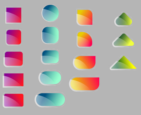 Glass icons and elements of different colors and shapes on a gray background. Buttons for the site, icons, windows for information with a gradient, magenta, blue, orange and green. Beautiful glass-effect buttonsのイラスト素材