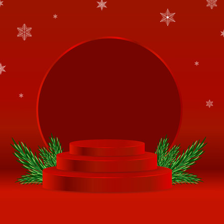 A pedestal on a red background with a portal and green twigs of fir. Beautiful Christmas background with space for copy, 3D rendering, postcard, podium for goodsのイラスト素材