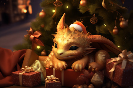 Golden fairytale dragon with christmas gifts on christmas fir background. Beautiful holiday illustration with space for copy, advertisement, congratulatory text. The symbol of the year 2024 is the dragonの素材
