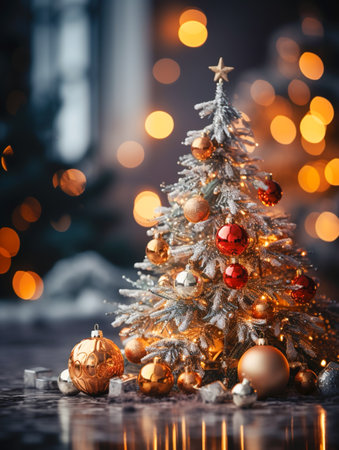White small beautiful Christmas tree with gold decorations, blurred lights on the background. Illustration with space for copy, advertising and congratulatory text. Christmas New Year Card Bannerの素材