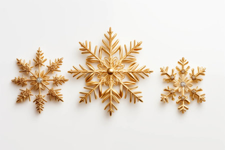 Three golden snowflakes with a unique pattern on a white background with a shadow. Christmas decorations, christmas decoration, fabulous, golden snowflakesの素材