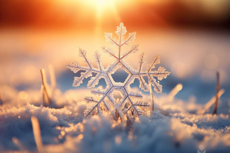 Winter beautiful illustration, snowflake close-up on snow in sunlight. New Years Eve banner with space for copy, winter sunny frosty morning. Beautiful fairytale background created by aiの素材