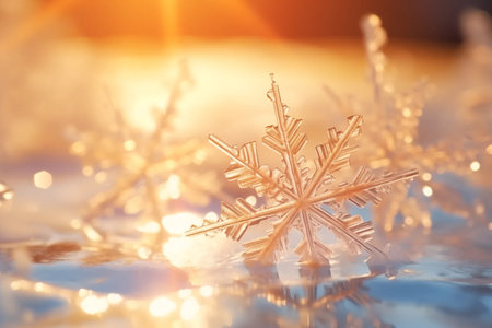 Beautiful snowflakes on the snow in the rays of the bright sun, winter illustration. Christmas background with space for copy, sun glare and rays, water droplets, snow, winter bannerの素材