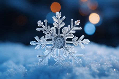 Beautiful fluffy snowflake on white snow with highlights on defocus background. Greeting card with a big beautiful snowflake, space for copy, advertising and textの素材