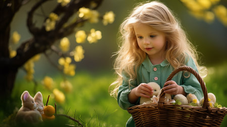 Little beautiful girl with white hair collects easter eggs in basket. Greeting card festive spring day, wicker basket in childs hands with painted eggs, rabbits on grassの素材