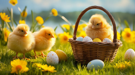 Yellow fluffy chickens on green grass with flowers, wicker basket, eggs. Beautiful holiday greeting card, easter eggs on green grass, sunny day, beautiful cute chickensの素材