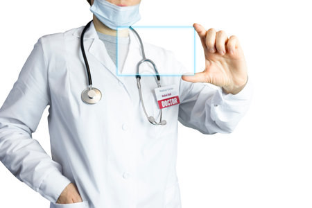 Female doctor on white background holding transparent badge in hand with space for copy. Medical Officer in Mask and White Coat, Infographic, Transparent Sign, Neon Frameの写真素材