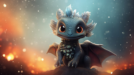 Cute dragon on bright shiny background with space for copy. Fabulous blue dragon, blurred lights and highlights, grey orange gradient background, postcard with space for text and advertisingの素材