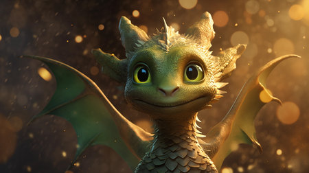 A beautiful green dragon with large eyes and wings on a brown background with highlights. Bright fairy tale character, dark background with space for copy, highlights, blurred lights, symbol of the year 2024の素材