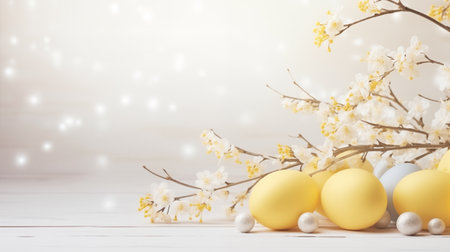 Easter illustration with space for copy, white flowers and highlights. Banner for advertisement, space for text, easter card, yellow eggs, blurred lights, spring flowers on a twigの素材