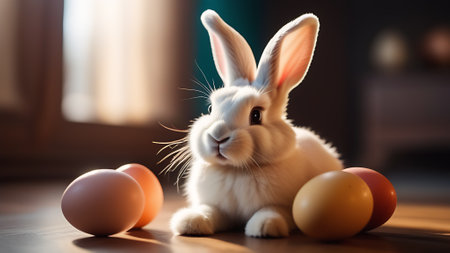 A white rabbit with long ears and whiskers is sitting on a wooden floor next to eggs, showcasing the characteristics of both domestic rabbits and haresの素材
