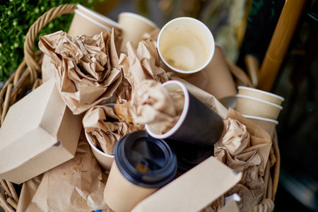 Basket filled with garbage with disposable tableware, top view. Cardboard beverage cups with plastic...