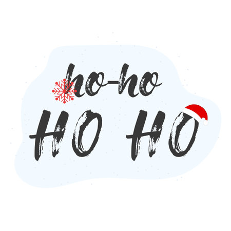 Vector postcard, sticker with ho-ho inscription on a blue background, snowflake, Santa hat. Christmas Ho Ho Lettering, Sticker for Gifts, Packaging or Other Holiday Productsのイラスト素材