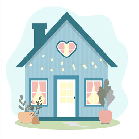 Blue cute garden house with house flowers in the yard, decorated with outdoor garlands. Hand-drawn house on a light blue background, suitable for decorating notebooks, notebooks, stickersのイラスト素材