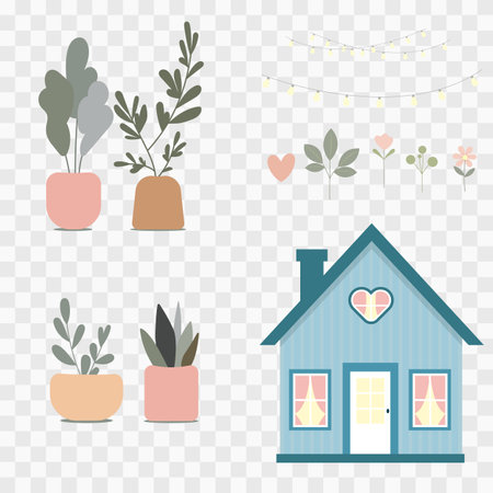 Vector set on transparent background, house, potted plants, flowers, decor elements. Illustration with cute house on transparent background, vector elements for decoration, postcards, gift paper, garden productsのイラスト素材
