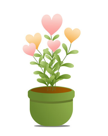 Image shows a pot with a plant with green leaves and heart shaped flowers in shades of pink and yellow. The pot is green and round in shape. The plant is isolated on a white background. Vector illustration, flowers, gift for mom, birthdayのイラスト素材