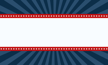 Vector background for 4th of July in blue, red and white colors. The upper and lower parts of the image are dark blue, and in the middle is a white rectangle with red stripes at the top and bottom. On the red stripes are white stars. This design is reminiscent of the American flag. Independence Day, Memorial Day, illustrationのイラスト素材