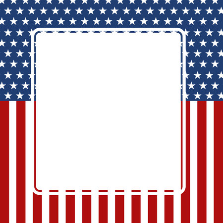 Illustration, Independence Day, Memorial Day. Large white frame in the center, with an American flag in the background. The frame is outlined in white and surrounded by red and white stripes. The flag is presented in a classic design with the standard red and white stripes and a field of blue with white stars. This image perfectly expresses patriotism.のイラスト素材