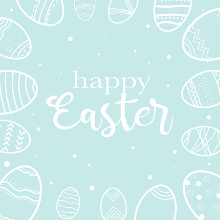 Vector illustration, blue background with white outlines of Easter eggs scattered along the edges. In the center of the image are the words Happy Easter written in white handwriting. The contour lines of the eggs have various patterns including stripes, polka dots, and zigzags. Space for copy, small white dots are scattered across the background, creating a festive mood.のイラスト素材