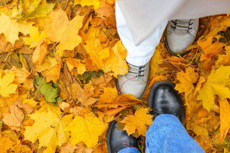 Two people are standing on autumn leaves, shoes and trousers are visible, space for a copy. Autumn background with space for copy, text and advertising. Bright autumn leaves falling on the road, beautiful background, concept photographyの写真素材