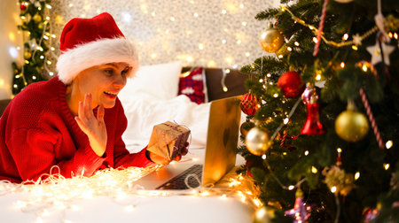 The girl lies on the bed in a red Christmas cap, communicates online. Give gifts, talk on a video call next to the Christmas tree. Christmas garlands, blurred lights, glare. Conceptの写真素材