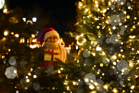 A joyful girl in a red cap with gifts in her hands, Christmas trees. Festive photo, a woman carries a gift on Christmas Eve evening along an elegant streetの写真素材