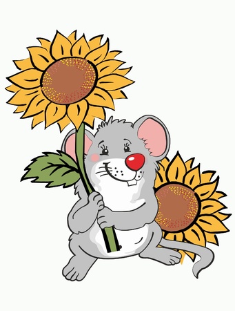 This is illustration jolly mouse about sunflowersのイラスト素材