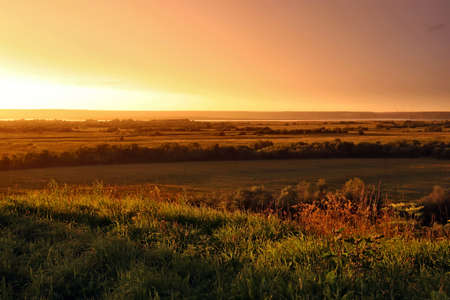 sunset over a fieldの写真素材