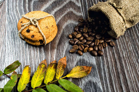 Autumn leaves, coffee grains and cookies on wooden backgroundの写真素材