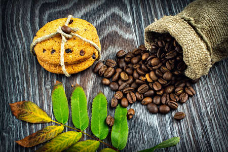 coffee beans on wooden backgroundの写真素材