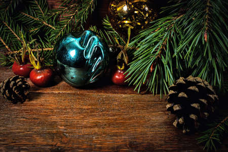christmas background with fir branches and ballsの写真素材