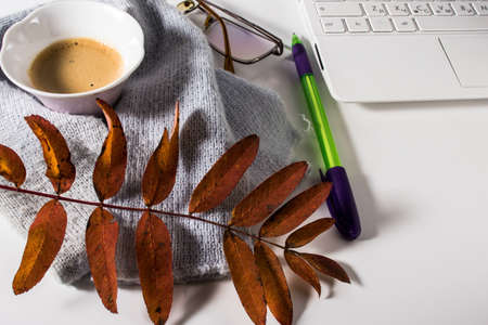 A cup of coffee with foam, a white laptop, a scarf, glasses, a pen and autumn leaves on a white background. Autumn mood.の写真素材