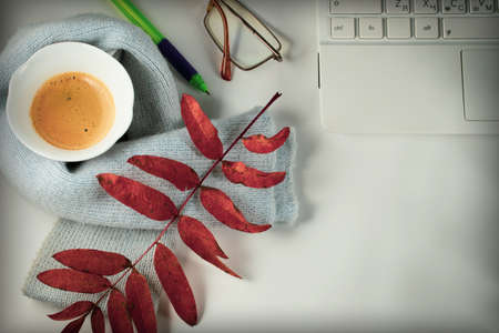 A cup of coffee with foam, a white laptop, a scarf, glasses, a pen and autumn leaves on a white background. Autumn mood.の写真素材