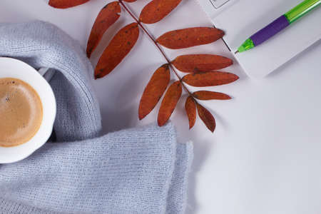 A cup of coffee with foam, a white laptop, a scarf, glasses, a pen and autumn leaves on a white background. Autumn mood.の写真素材